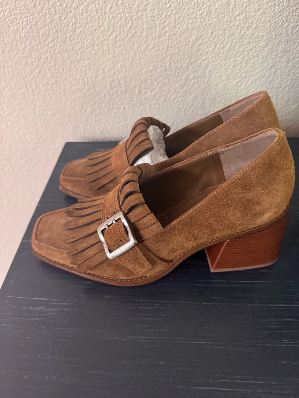 New never worn Vince Camuto Fringed Suede Loafers with Buckle in Brown